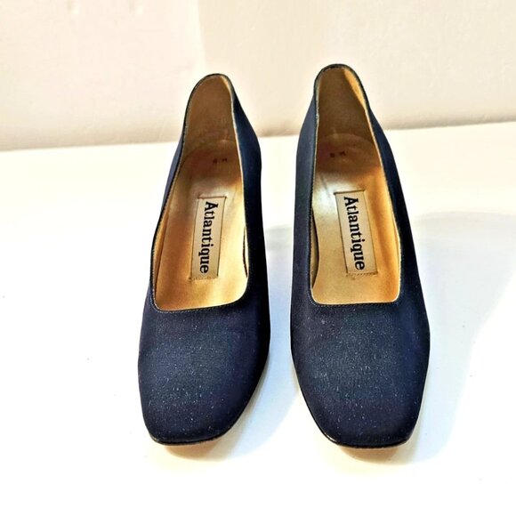 Vintage Atlantique Pumps Dark Blue Fabric Heels Women's Size 8 - Picture 2 of 9